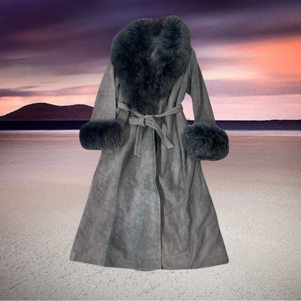 Gray Faux Fur Trim Long Belted Coat